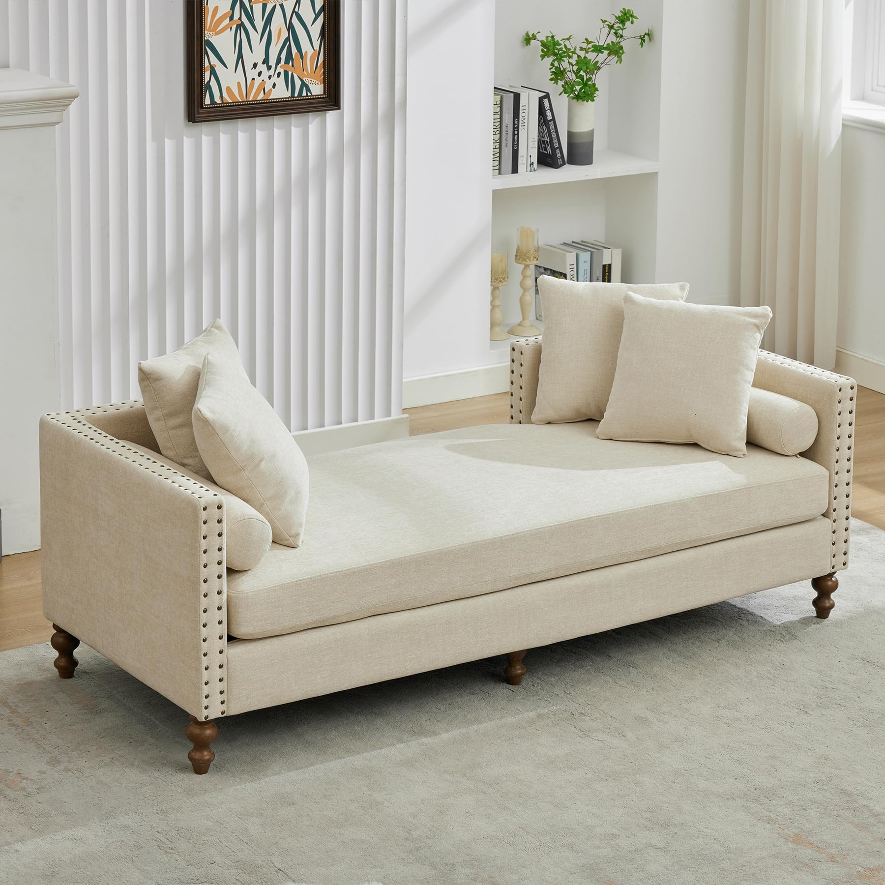 Chifee & Vingol 75.2" W Retro Oversized Chaise Lounge Chair Indoor with Left & Right Armrest,6 Pillows,Solid Wood Legs,Beige