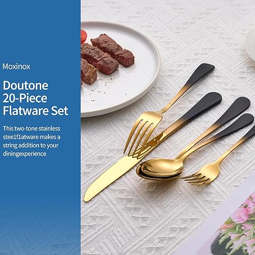 Miniatura 5 de Juego de 20 cubiertos de acero inoxidable negro y dorado, juego de cubiertos con mango colorido de 180, para 4 personas, juego moderno de cubiertos