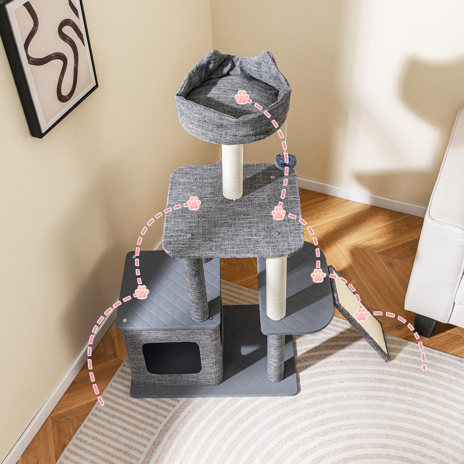 COSTWAY Tiragraffi per Gatto Alto 117 cm, Albero Tiragraffi Gatto con 5 Piattaforme, 2 Pali Sisal e Pallina Pompon, Torre Tiragraffi per Gatti con Grotta e Trespolo, Grigio