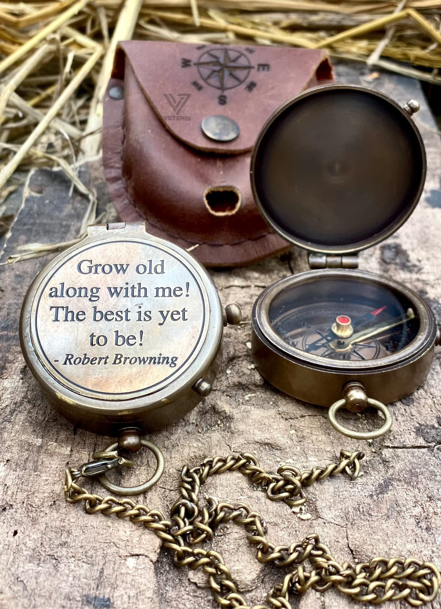 VETERIS Grow Old Along with Me Engraved Brass Compass on Chain with Leather case, Wedding Gifts, Valentine’s Day Gifts