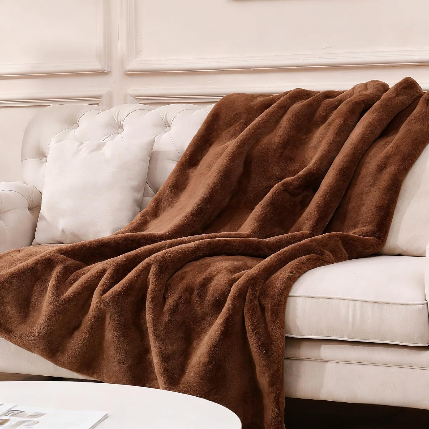 Faux Rabbit Fur Throw Blanket 880 GSM,Ultra Soft Thick Warm Bubble Plush, Reversible Throw for Couch Sofa Bed, Cozy Shaggy Blanket for Bedroom & Living Room(50"x60",Coffee)