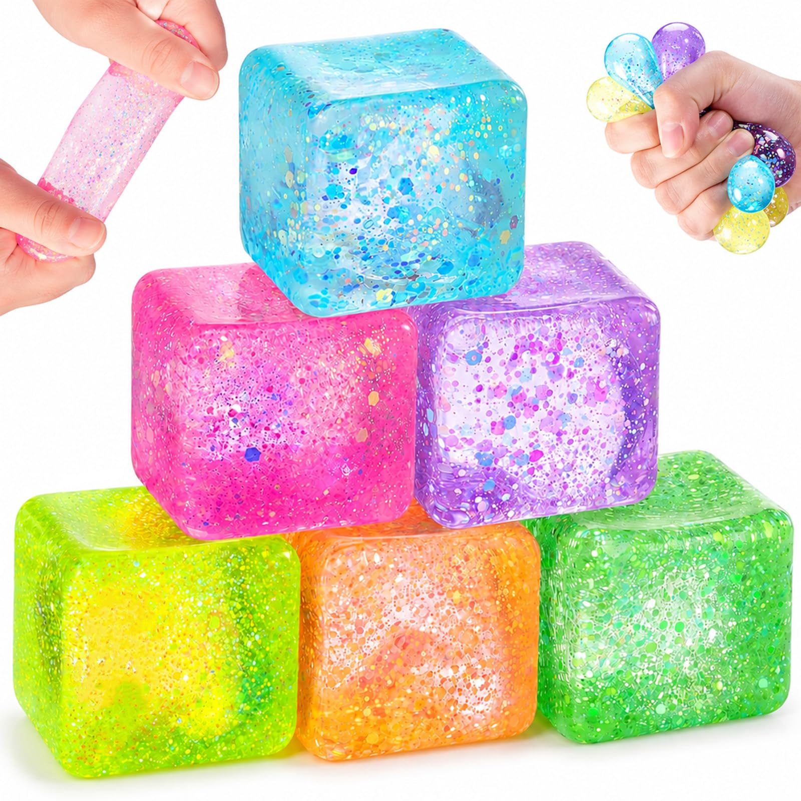 6PCS Cube Squishy Toys, Glitter Ice Cube Stress Balls