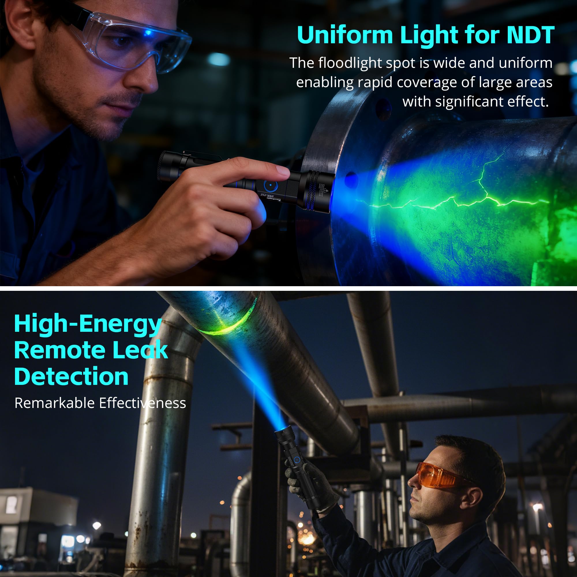 Luz negra de 365 nm, linterna UV recargable, cabeza ajustable de 105° y zoom, cola magnética, potente luz negra para fugas de NDT, seguimiento de sangre, orina de mascotas, vidrio de uranio, escorpión