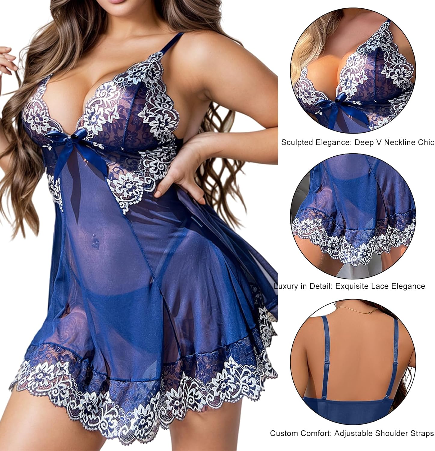 LOVESOFT Babydoll Lingerie for Women Sexy Lace V Neck Nightwear with G-String - Image 3