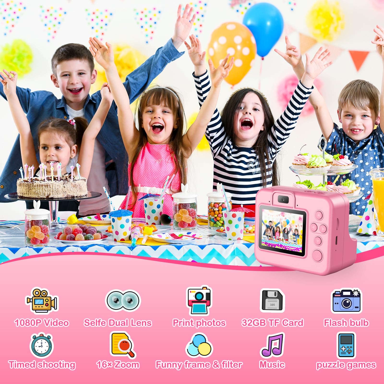 Sofortbildkamera Kinder mit Selfie 1080p, 32GB Karte & 3 Rollen Druckpapier, Geschenke für Jungen & Mädchen 3-12 Jahre