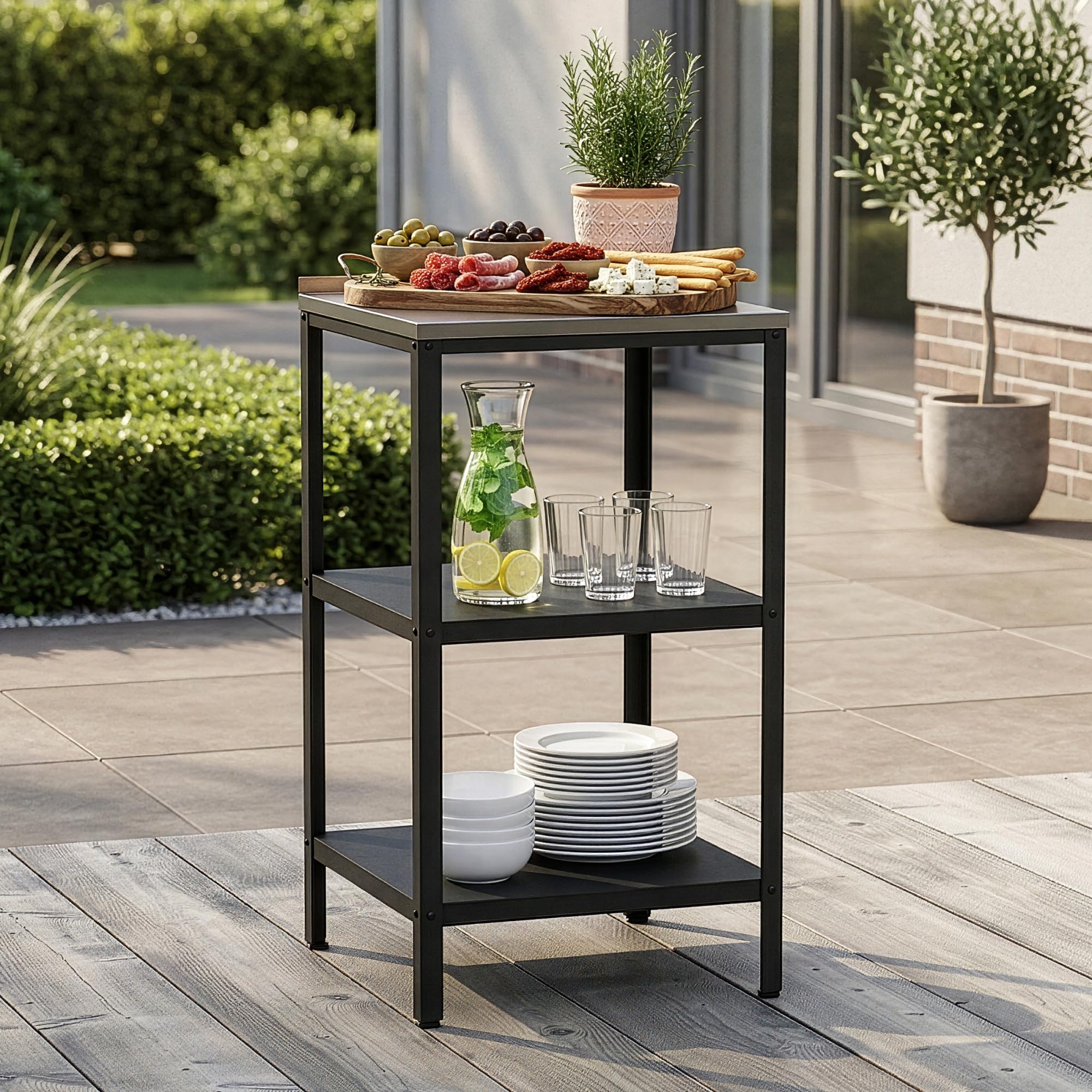 casa.pro Bancone da Giardino Scaffale da Esterno a 3 Ripiani 92 x 50 x 50 cm Mobile in Acciaio con Piedini Regolabili per Livellare - Argentato/Nero opaco