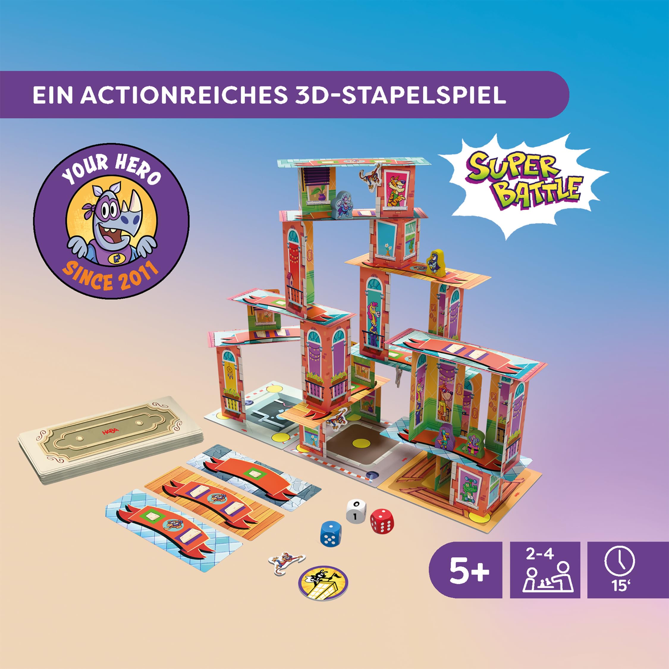 HABA Rhino-Hero: Super-Battle – Spektakuläres 3D-Stapelspiel für Kinder-ab-5-Jahren – Spannendes Geschicklichkeits-Spiel für 2-4 Personen – 2013173001