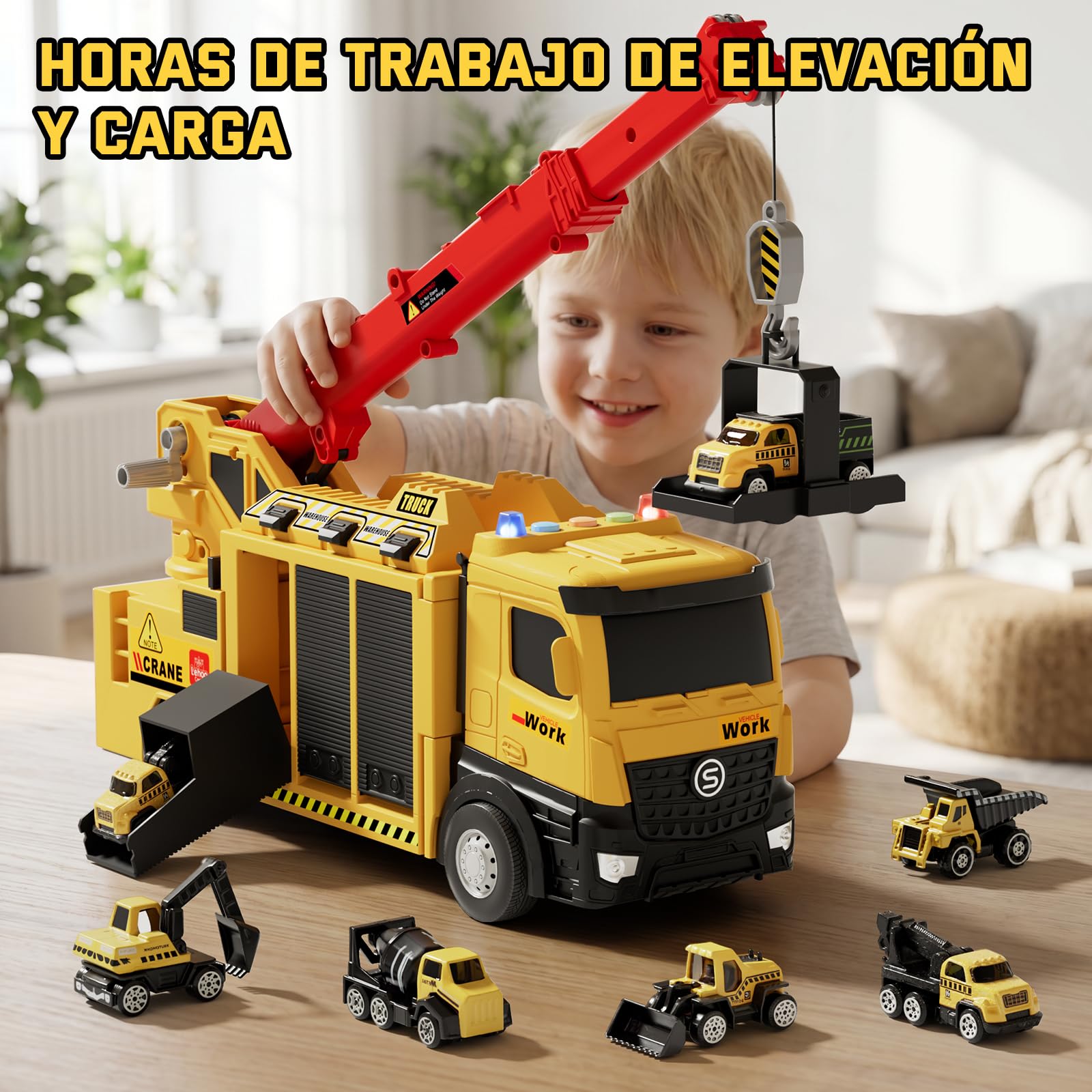 Lehoo Castle Camión de Juguete con Grúa Luz y Sonido, Vehículos de Construcción Regalo para Niños de 3 4 5 6 Años, Garaje Coches Juguete con 6 Mini Excavadora Tractor y Piezas de Construcción