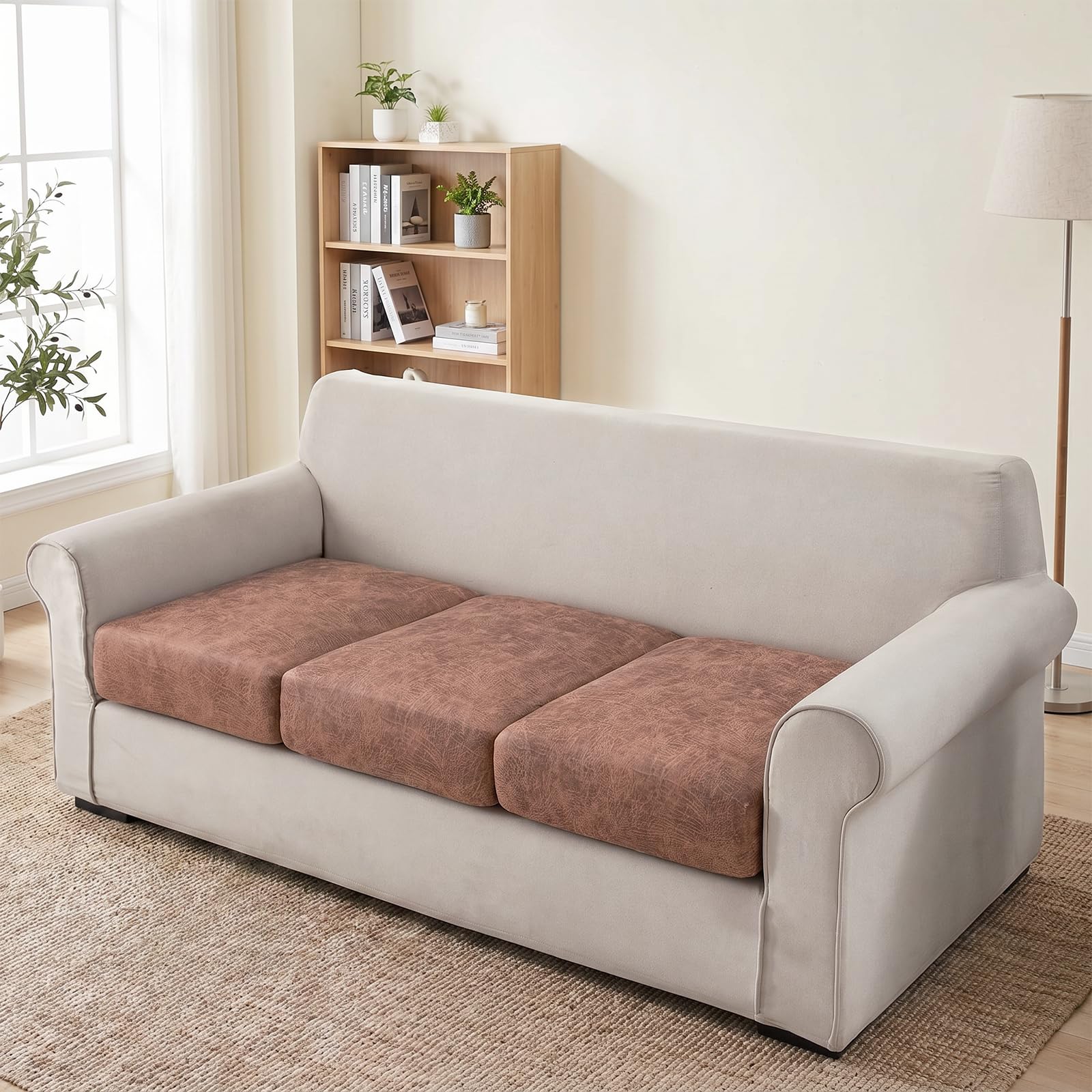 ele ELEOPTION Stretch Sofa Seat Cushion Cover, Outdoor Couch Cushion Cover, Non-Slip & Soft Leather-Like with Elastic Bottom, Water-Repellent Protector for Parlor Garden Patio(Light Brown,65~95cm*3)