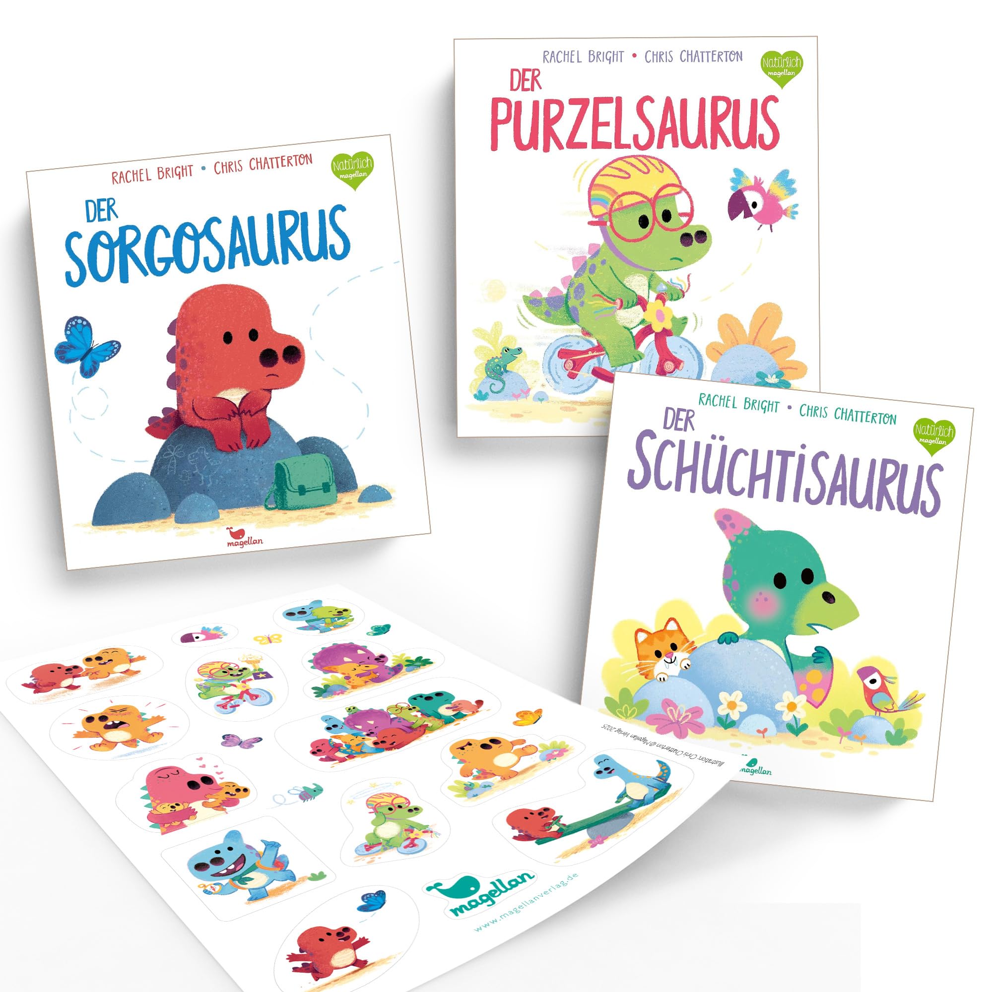 Rachel Bright Bücher 3er Set – Sorgosaurus, Purzelsaurus & Schüchtisaurus – Dinosaurier Kinderbuch-Reihe mit Emotionen – Liebevoll illustrierte Geschichten zum Vorlesen mit exklusiven Stickern