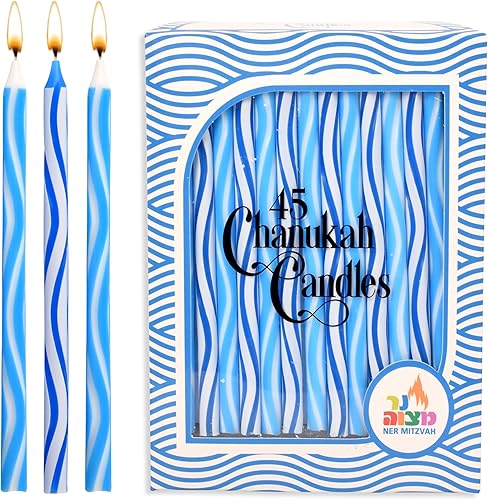 Velas de Hanukkah de tamaño estándar Velas de Janucá grabadas en ondas azules y blancas que se adaptan a la mayoría de menorás Cera de calidad