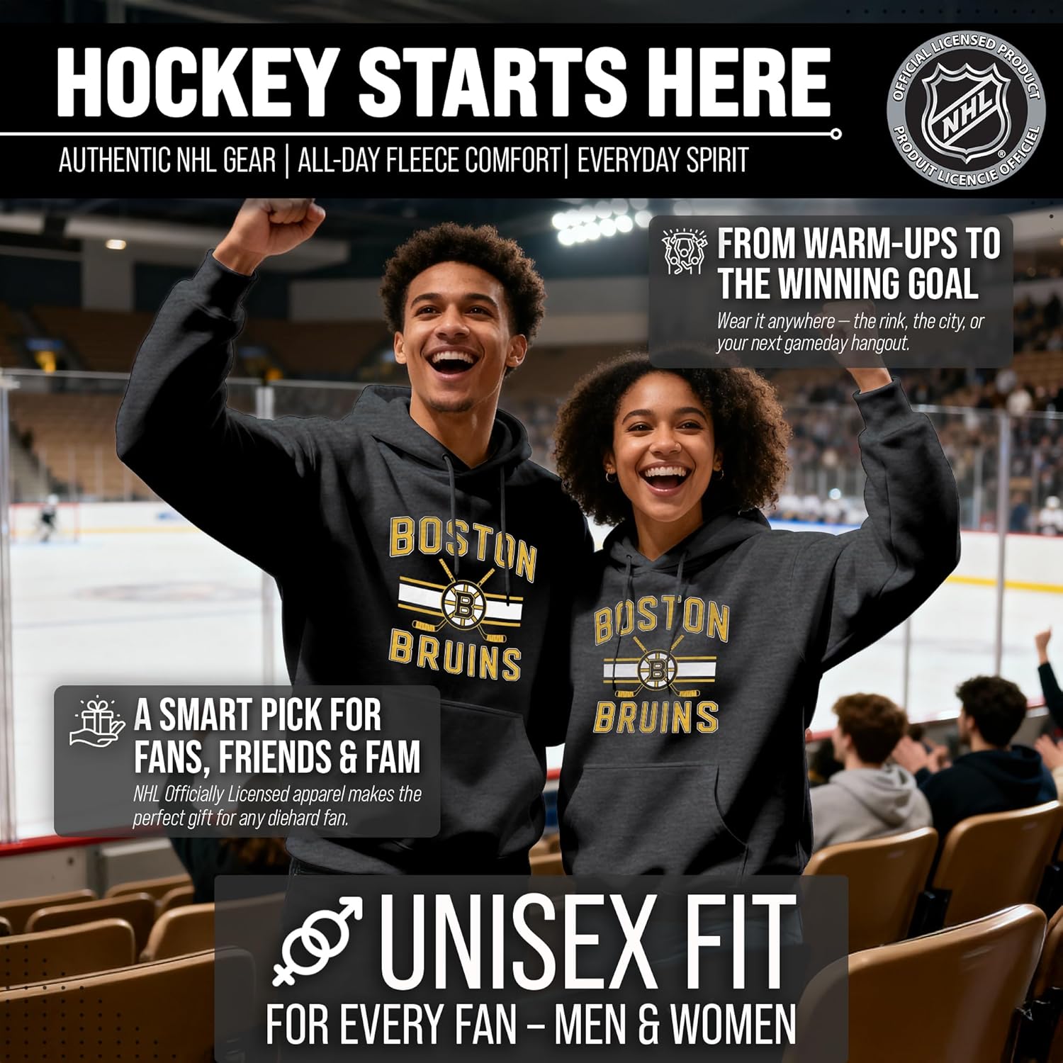 Wright & Ditson Adult NHL Faceoff Hockey Fleece Hooded Sweatshirt- Jersey Stripe - Soft Unisex Hoodie - Tag-Less Comfort - Image 4