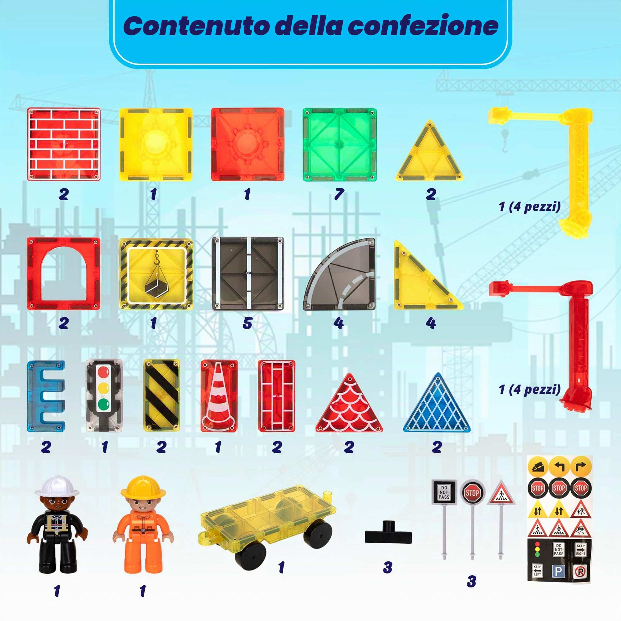 Playmags Set Di 52 Tessere Magnetiche Per La Costruzione Di Città, Blocchi Da Costruzione Con Gru E Pezzi Di Strada, Giocattoli Educativi STEM Per Bambini E Bambine Dai 3 Anni In Su.