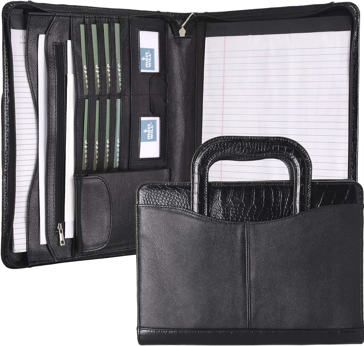 Zipper Leather Padfolio with Handles, Interview Resume Document Organizer Portfolio Pad Holder for Letter A4 Notepad Documents