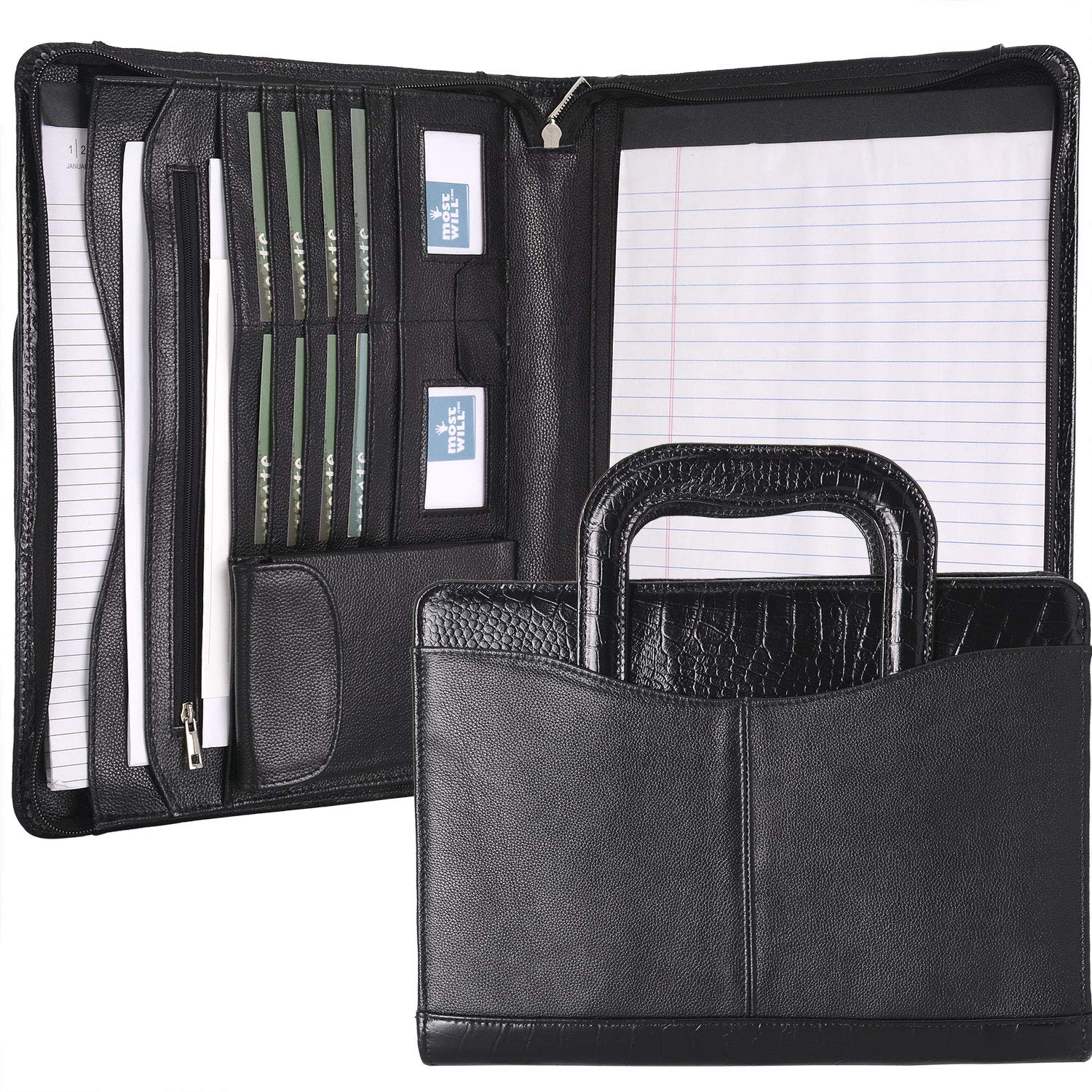 Zipper Leather Padfolio with Handles, Interview Resume Document Organizer Portfolio Pad Holder for Letter A4 Notepad Documents