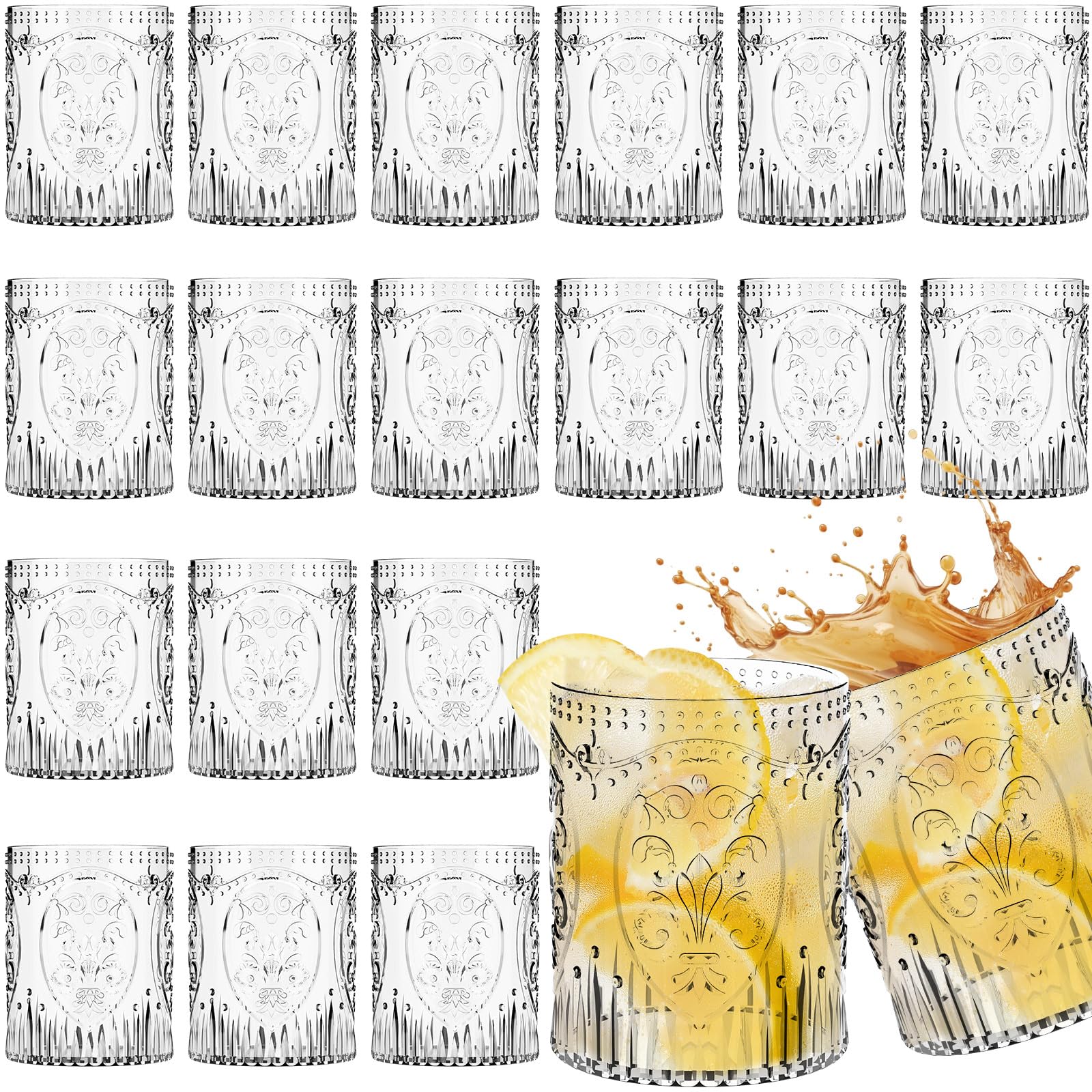 Qinyoung 24 Plastic Vintage Drinking Glasses 8.5oz Stemless Retro Embossed Wine Glasses Shatterproof Reusable Cups for Baby Shower Wedding Reception