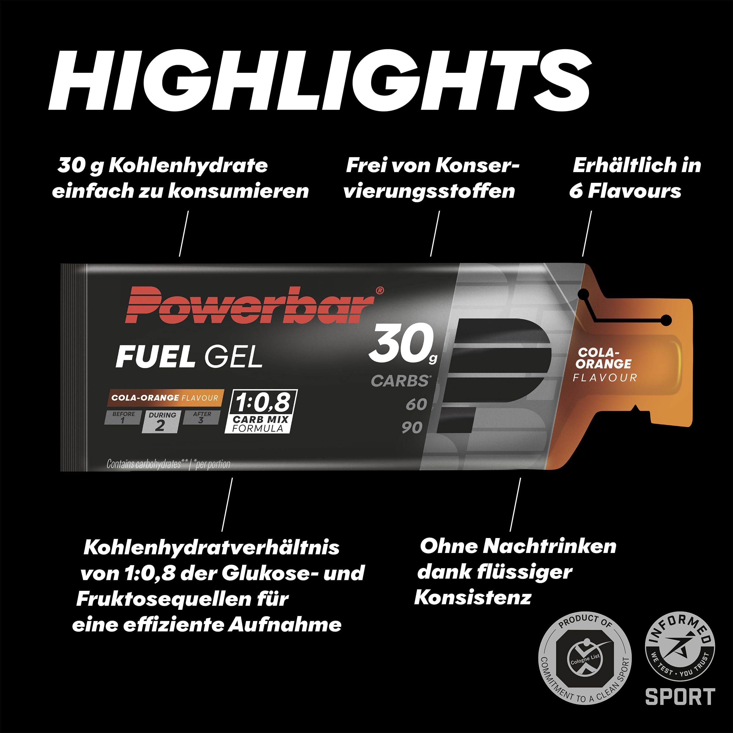 Powerbar - Black Line - Fuel 30 Gel - Cola-Orange - 12x50ml - koffeinfreies Kohlenhydratgel