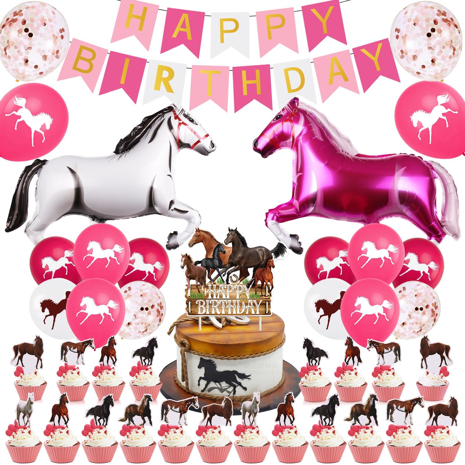 Decorazioni Compleanno A Tema Cavallo Rosa: 49 Palloncini, Striscione E Topper Per Torta E Cupcake - 3