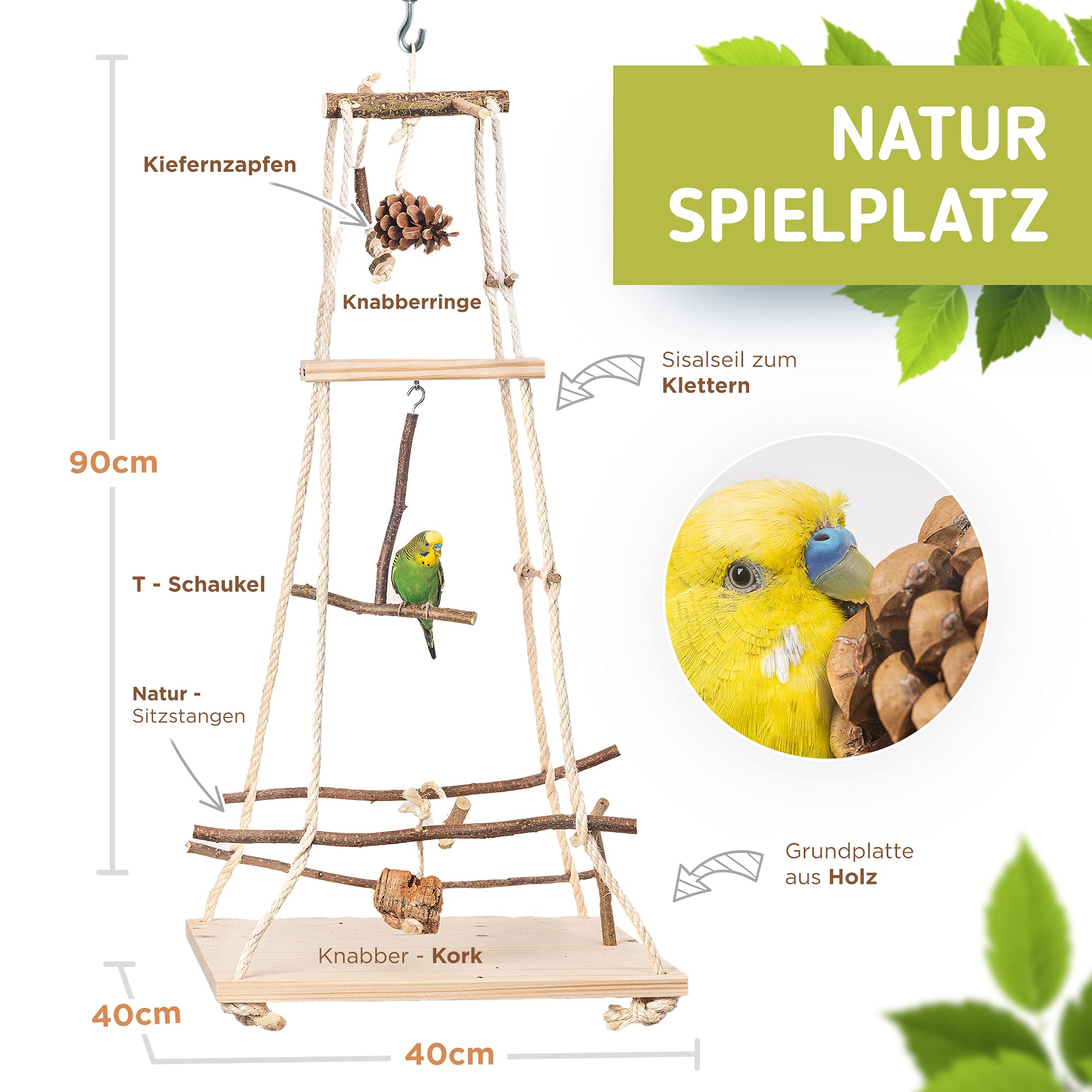 Vogelgaleria® XXL Vogelschaukel Vogelspielplatz hängend | Tolles Vogelspielzeug für Wellensittich, Nymphensittich & Co.