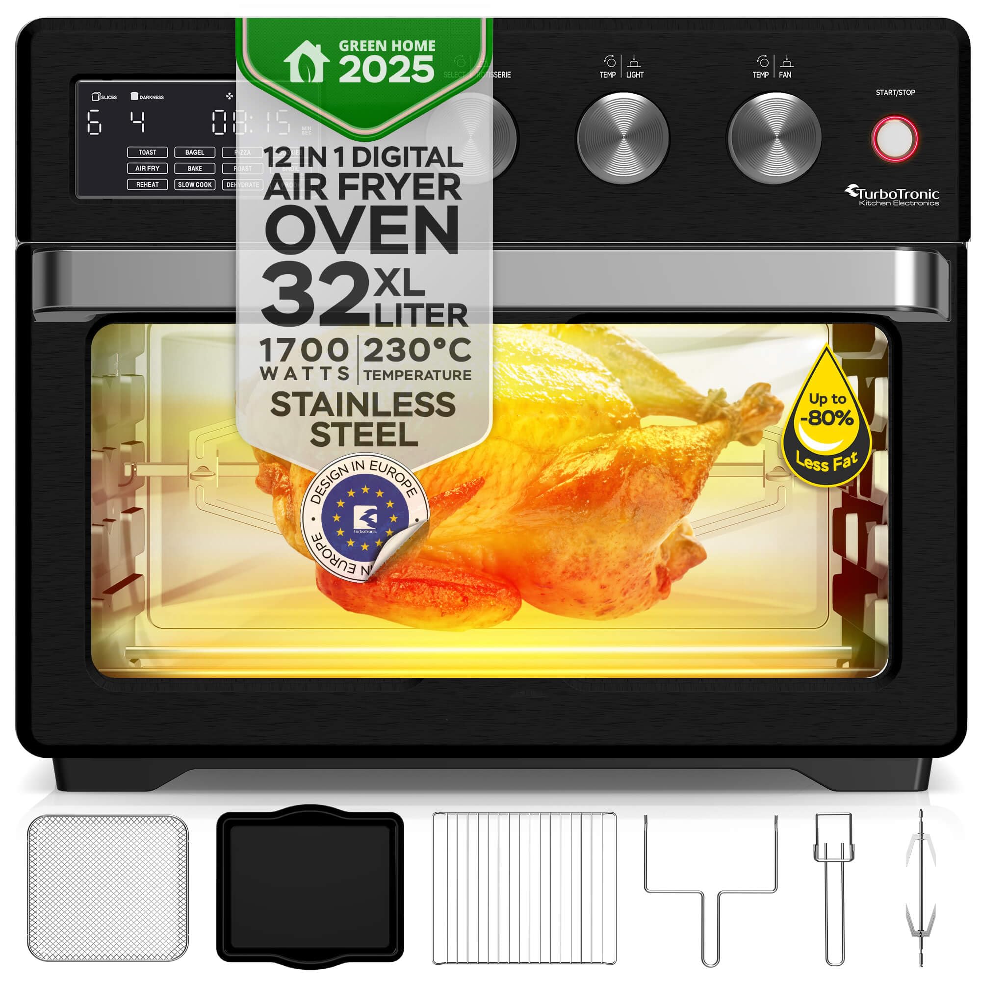 TurboTronic Forno ad Aria Calda XXL 32L con Girarrosto | 5 in 1 Mini Forno, Friggitrice ad Aria, Essiccatore, Grill e Forno Ventilato | 1700W | Ideale per Pollo, Pizza e Snack | Temperatura da 25°C