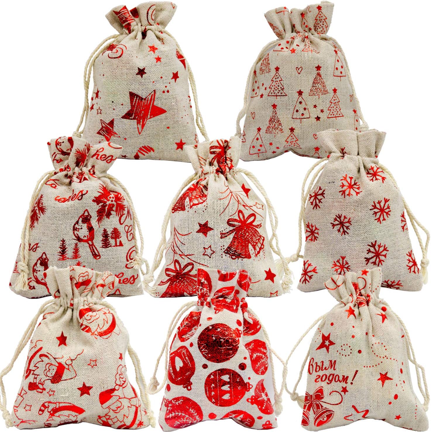 32PCS Christmas Burlap Gift Sacks with Drawstring - 4 x 5.6 in Small Christmas Linen Drawstring Bags Xmas Hessian Burlap Pouches Bags for Wedding Favors, Party, DIY Craft and Christmas(Random Pattern)