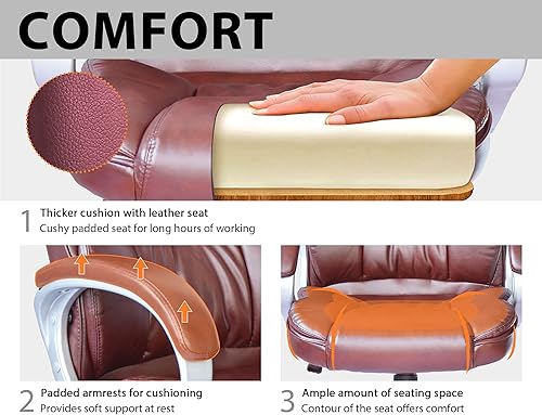 Miniatura 6 de Silla de oficina ergonómica, sillas de oficina de cuero sintético con respaldo alto con ruedas y brazos, altura ajustable, silla ejecutiva cómoda,