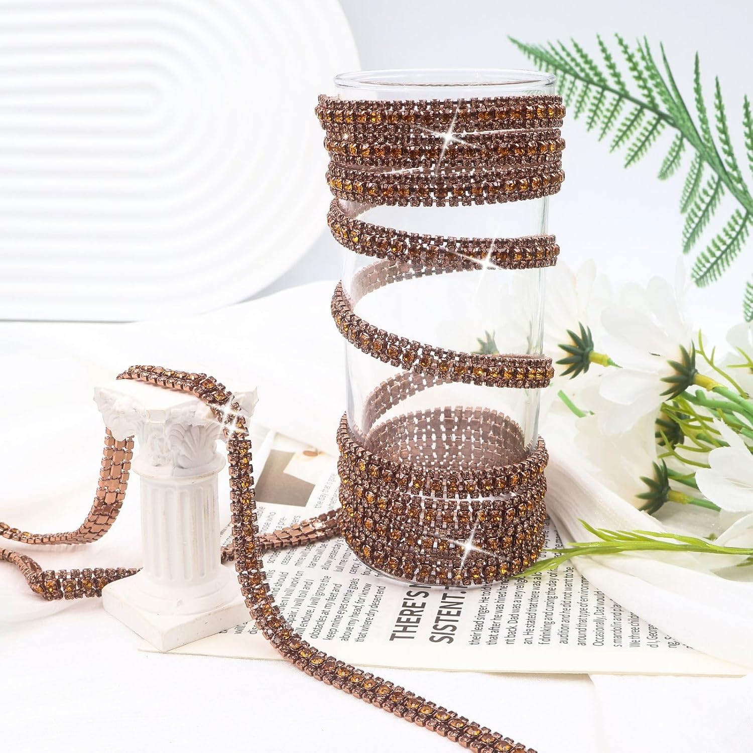 Bijou Joon 3 Yards 3 Rows Champagne Brown Crystal Rhinestone Chain Trim for Crafts, Rolls and Colors Bling Close Embellishments for Jewelry Making, Wedding Cake