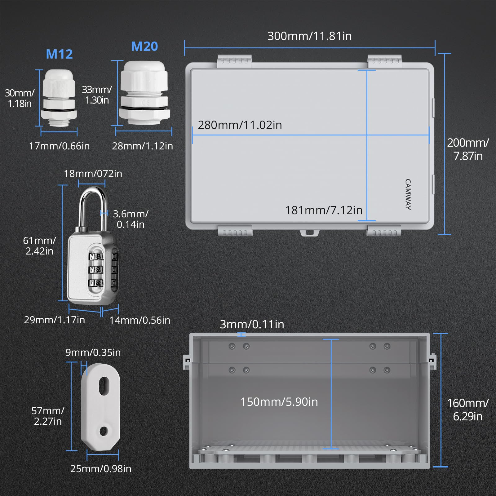 CAMWAY Caja Estanca Exterior Electrica Impermeable IP67, Cuadro Eléctrico Superficie con Carcasa Plástico ABS, Cajas de Empalmes 30 * 20 * 16cm,Blanco