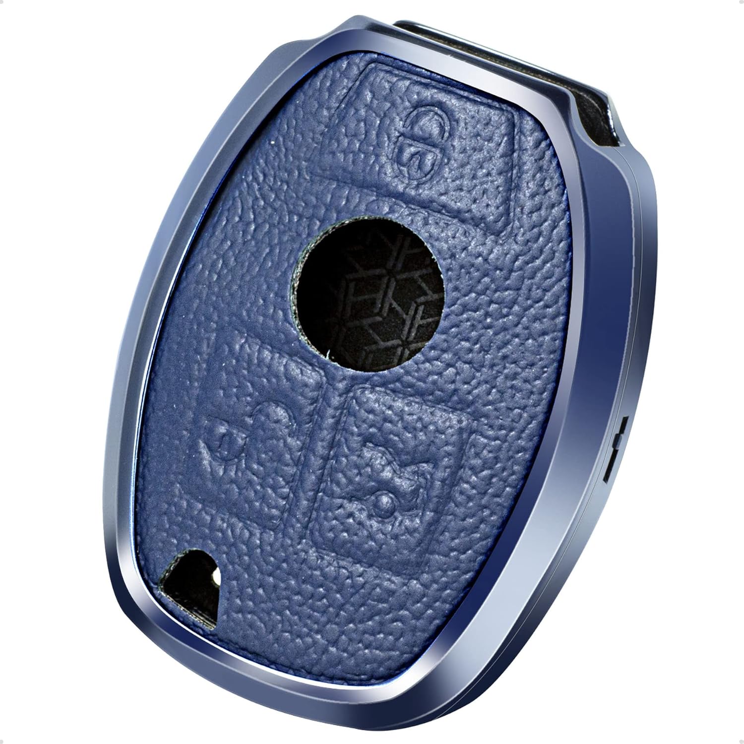 Blue Leather and Aluminum Frame Smart Key Case Cover Compatible Benz A B C CLA CLS E G GL GLA GLC GLE GLK GLS GT M R S SL SLC SLK SLS Class AMG Viano 3 Button Keyless Car Remote Accessory