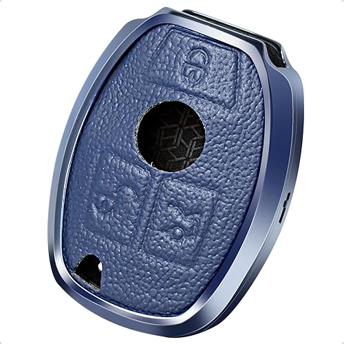 Funda de piel azul y marco de aluminio para llave inteligente compatible con Benz A B C CLA CLS E G GL GLA GLC GLE GLK GLS GT M R S SL SLC SLK SLS