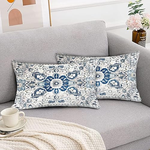 Miniatura 4 de Snycler Juego de 2 fundas de almohada de estilo bohemio azul con patrón étnico de lino, alfombra persa, patrón tribal, funda de cojín de 12 x 20