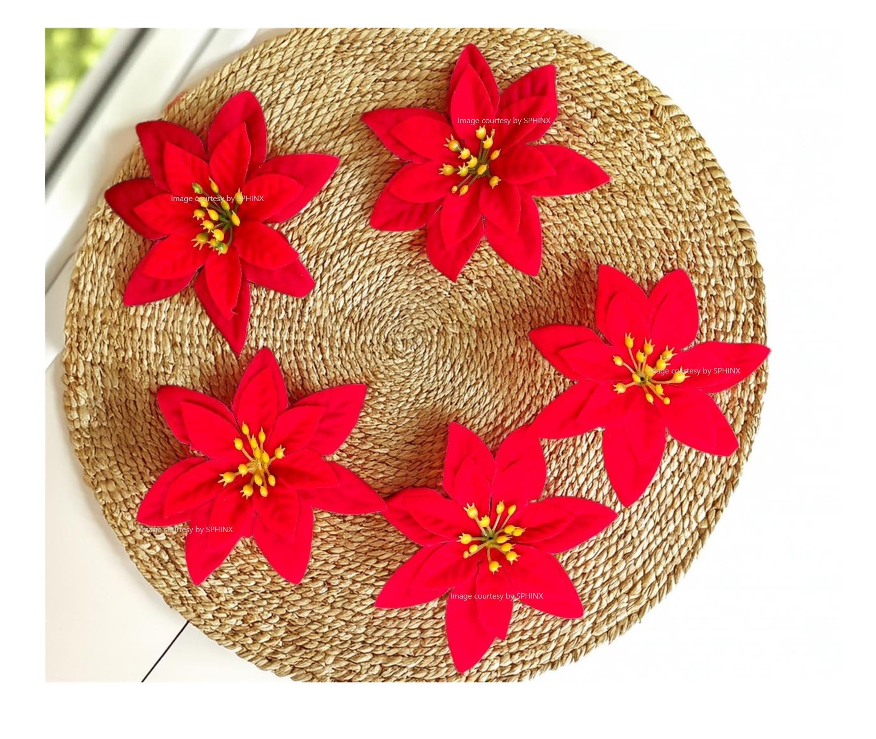 SPHINX Artificial Poinsettias loose flowers for Christmas, weddings, home & office, crafts, hair accessories, trousseau gift packing, seasonal party decor - 10 pcs, Red (Approx 12 cms)