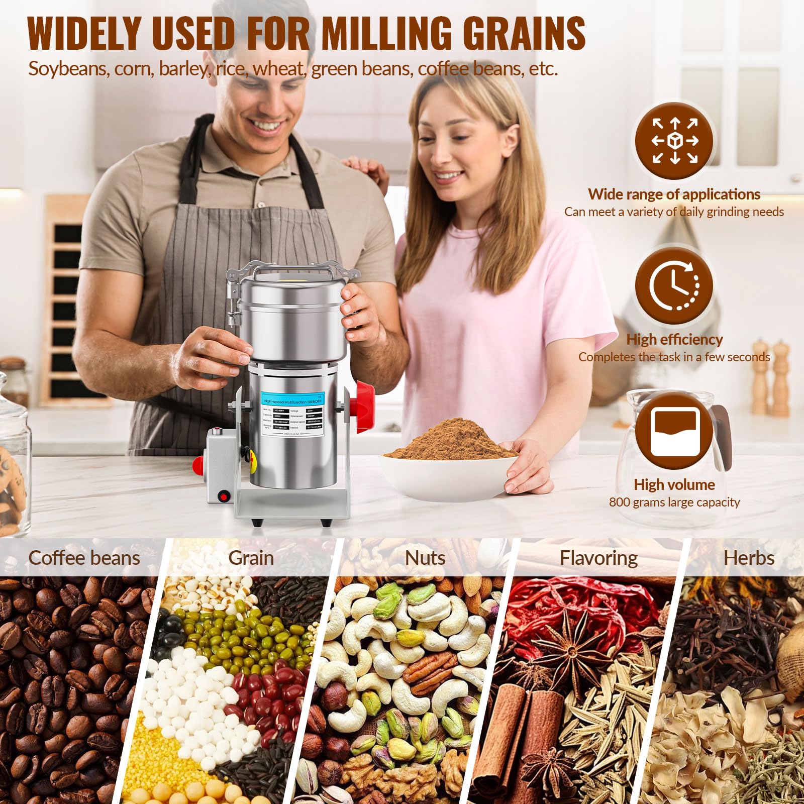 Moulin à Grains Électrique 800g, Broyeur à Grains 2400 W à Haute Vitesse, Machine à Poudre Commerciale avec Protection Contre les Surcharges Pour Céréales Sèches, Riz, Grains de Maïs