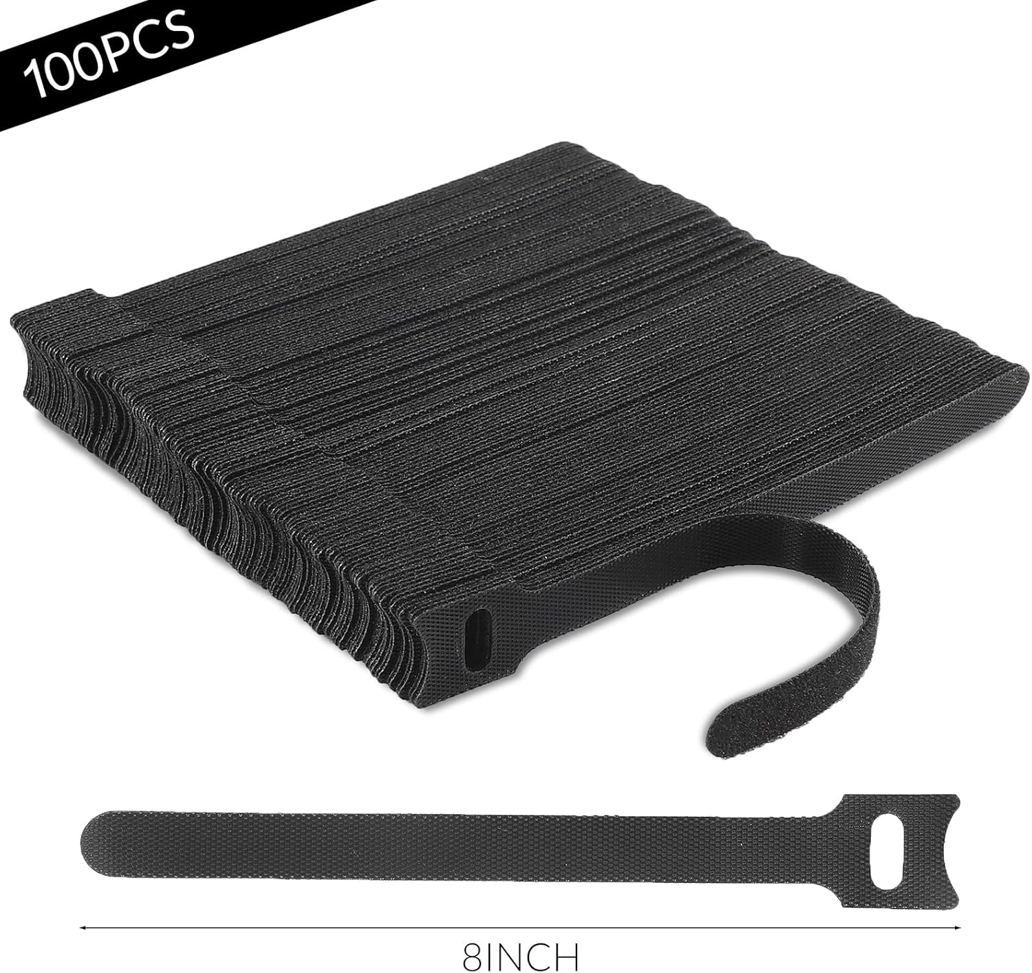 100 PCS 8-Inch Reusable Cable Ties-Adjustable Cord Organizer Straps-Hook and Loop Wire Management Ties-Cord Wraps for Home Office and PC Cable Management - Black
