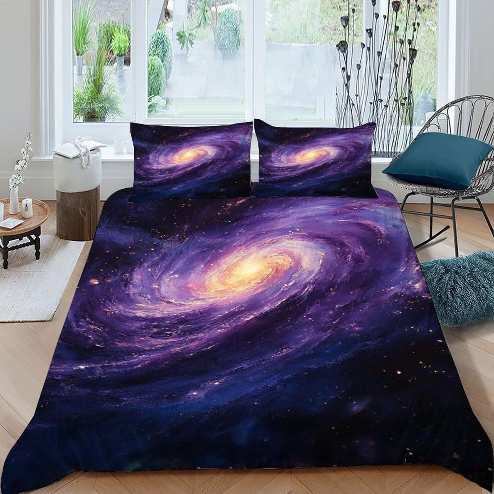 Housse de couette galaxie king 220x240 ciel étoilé avec 2 taies