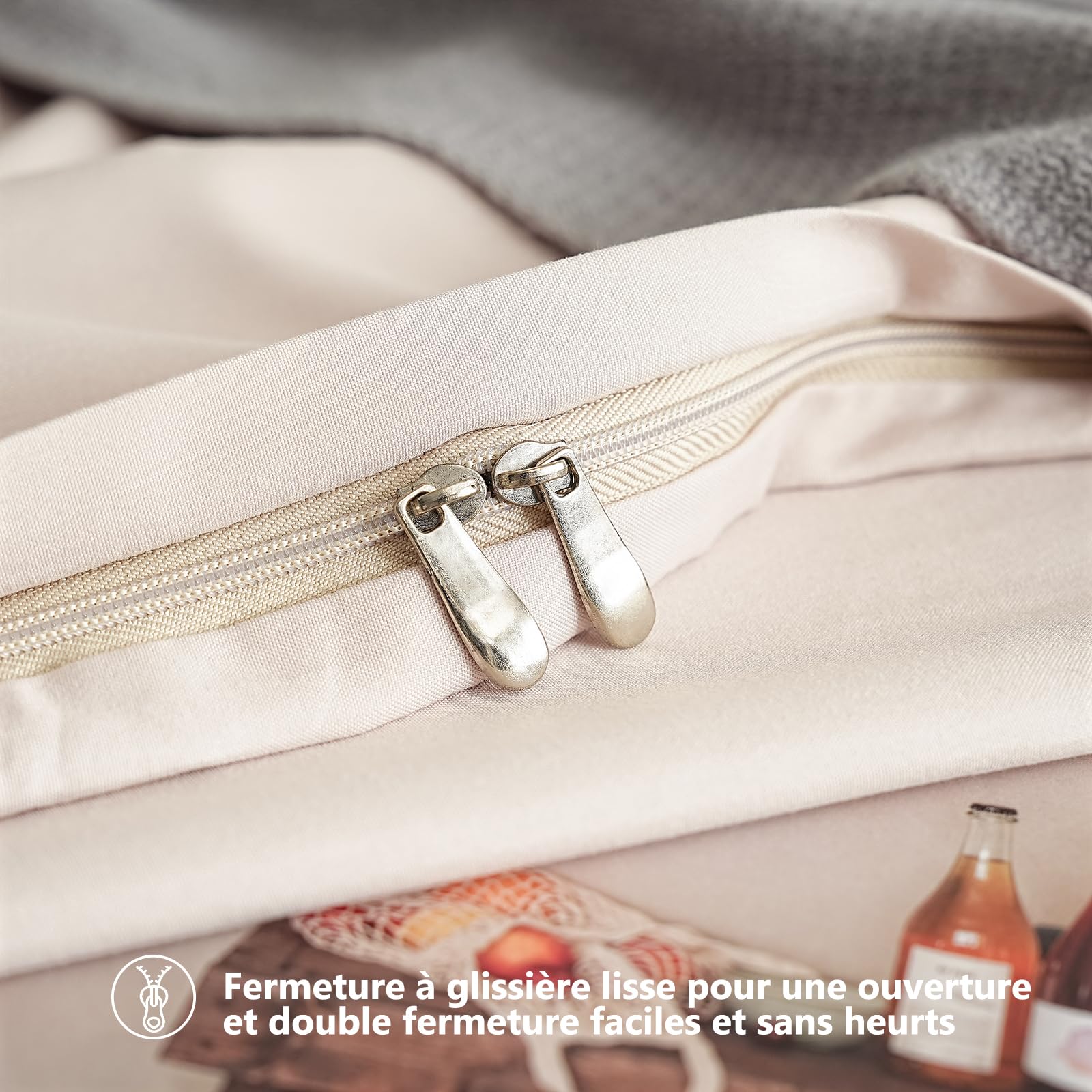MOHAP Parure de Lit 4 Pièces Housse de Couette 220x240cm + Drap Housse 140x190/200cm avec 2 taies d'oreillers 65x65cm Beige pour 2 Personnes Parure 120 Fils/cm² en Microfibre