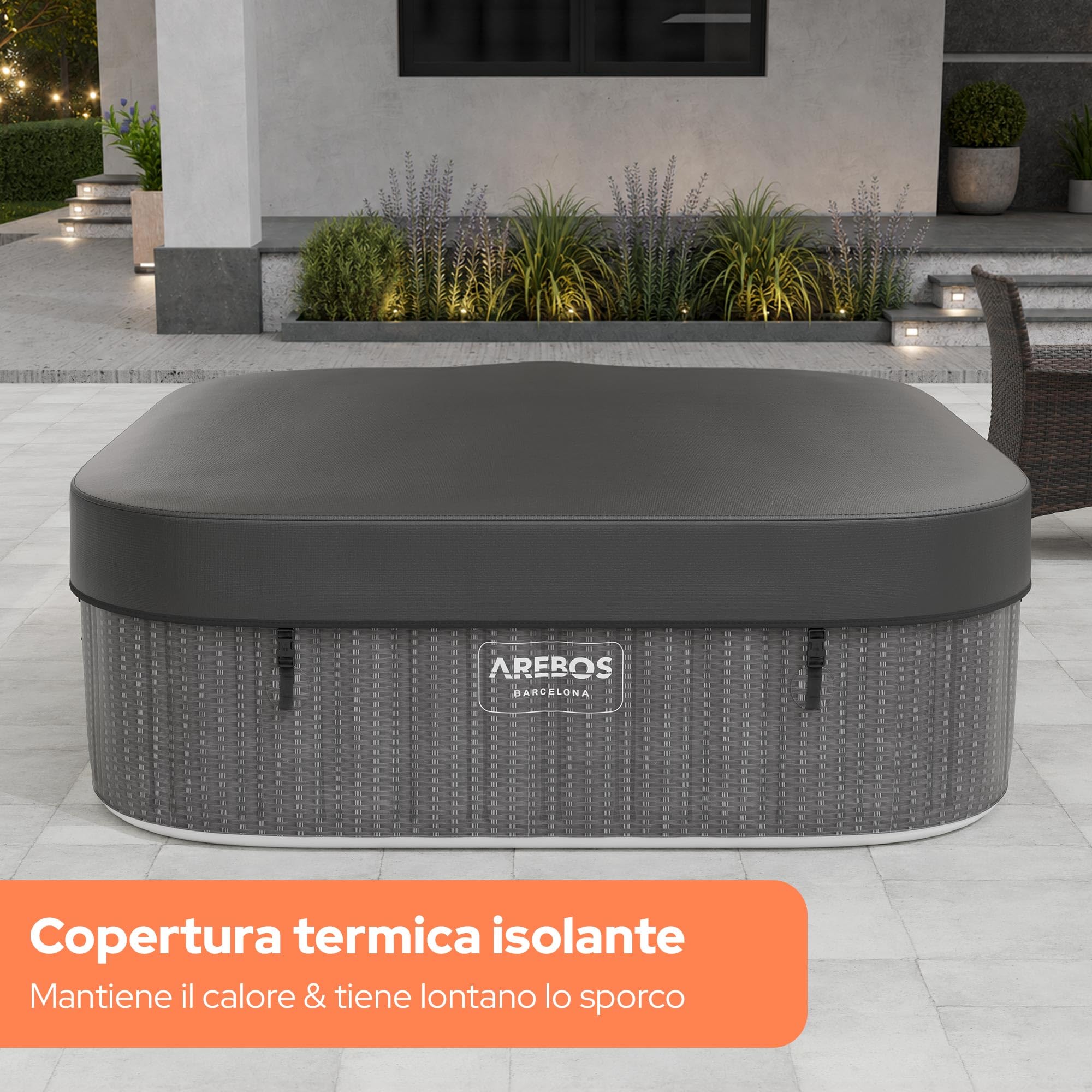 Arebos Spa idromassaggio 2400W | Piscina all'aperto | per 6 persone 185x185cm | 130 getti massaggianti | 910 L con riscaldamento | Funzione di gonfiaggio con un pulsante | Copertura inclusa | Bubble S