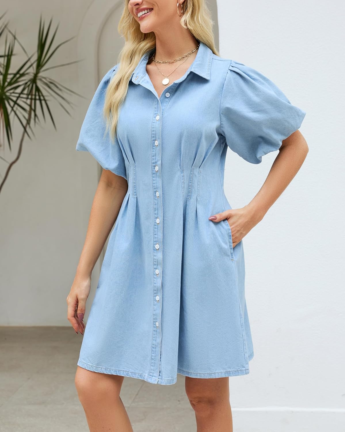 Women's Denim Shirt Mini Dress Short Puff Sleeve Collared Button Down Jean A Line Dress - Image 2