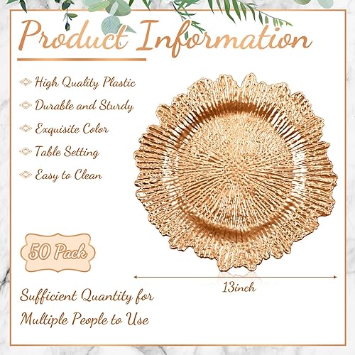 Miniatura 2 de 50 platos de carga de 13 pulgadas, cargadores de plástico a granel con diseño de arrecife floral, platos de cena con borde redondo con volantes para