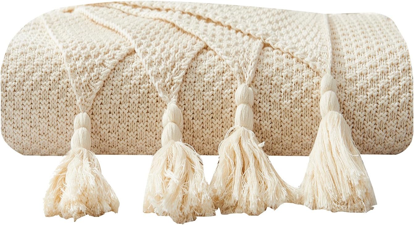 Throw Blanket Ultra Soft Natural Premium for Couch Sofa Bed with Handmade Tassels for Couch Chairs Bed Beach Sofa Picnic,50 x 60 inch (Beige)