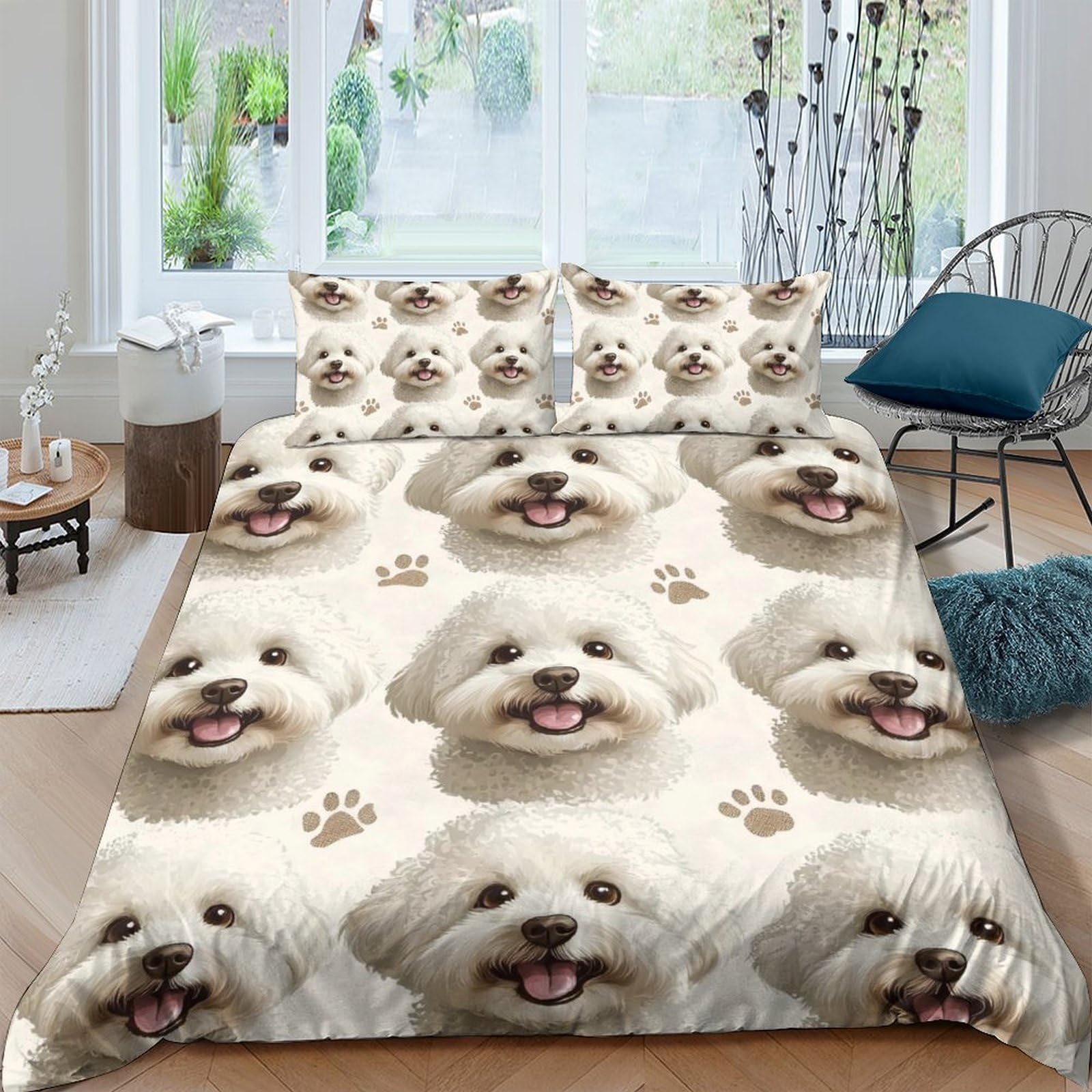 Ctjqhvkz Style-2 3D Printed White Dog Face Fitted Sheet Microfiber Soft Anti-Slip Cute Paw Bed Cover For Bedroom Dorm Mattress Protection Decor Single（135X200cm）