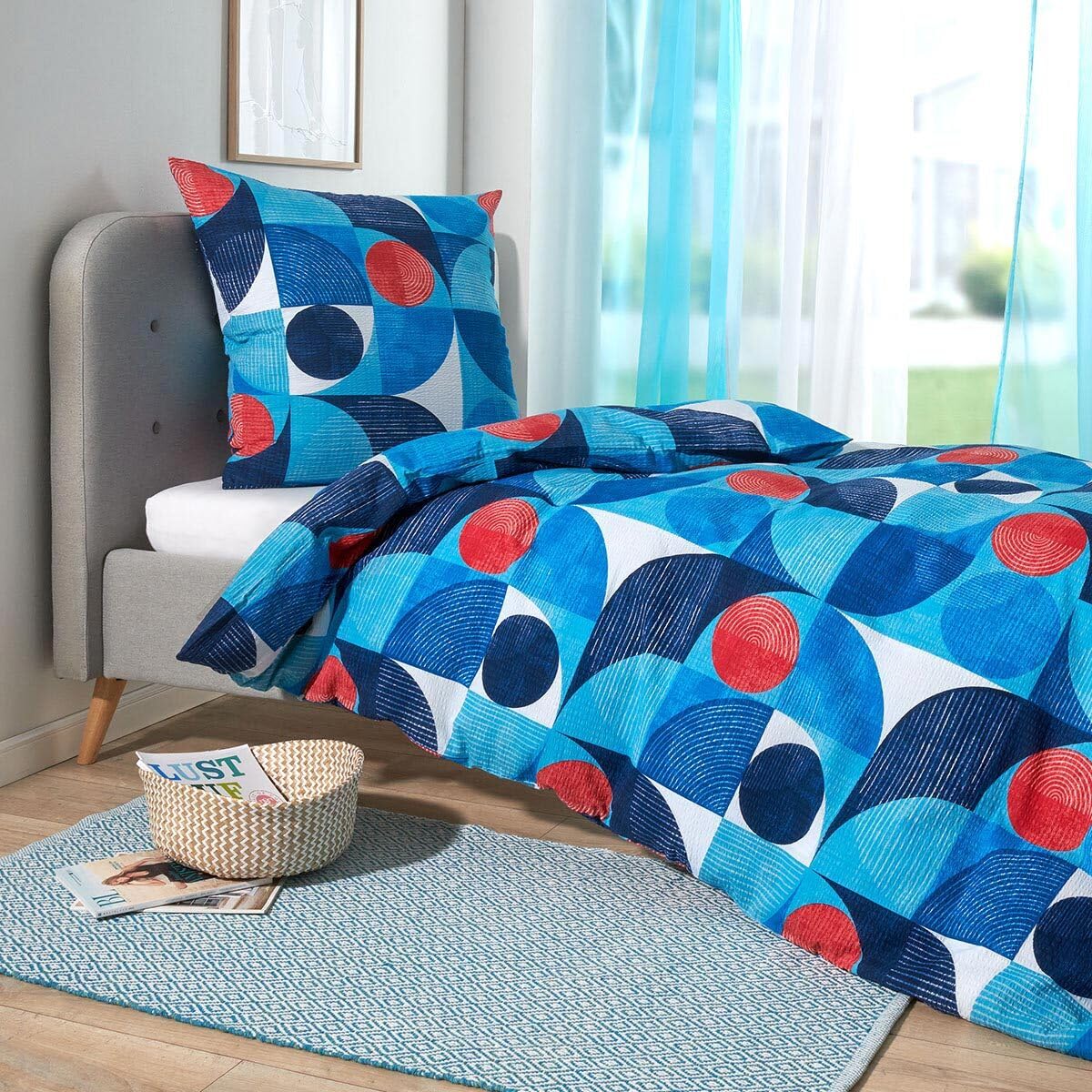 Traumschlaf Seersucker Sommerbettwäsche Parma blau – bügelfrei & pflegeleicht - mit modernem Kreisdesign - aus 100% Baumwolle - 155x220 cm + 80x80 cm