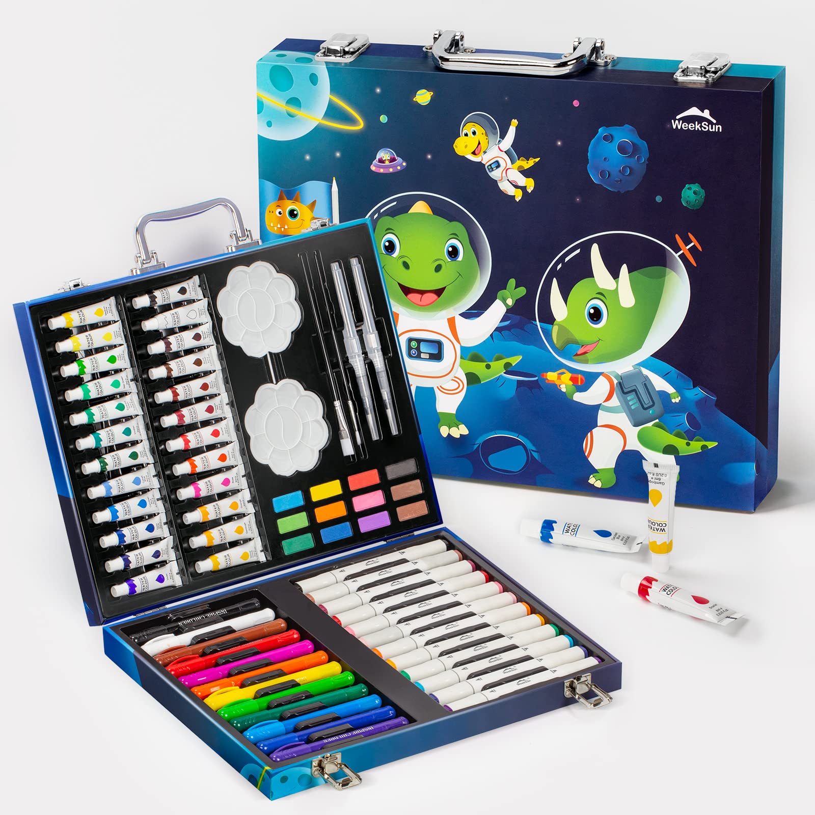 Art Set Dinosaur Themed, WEEKSUN 66 Pieces Drawing Kit with Acrylic Paint, Makers, Oil Pastels, Watercolor Cake, etc, Art Supplies Gift for Kids Boys Teens Adults Artists