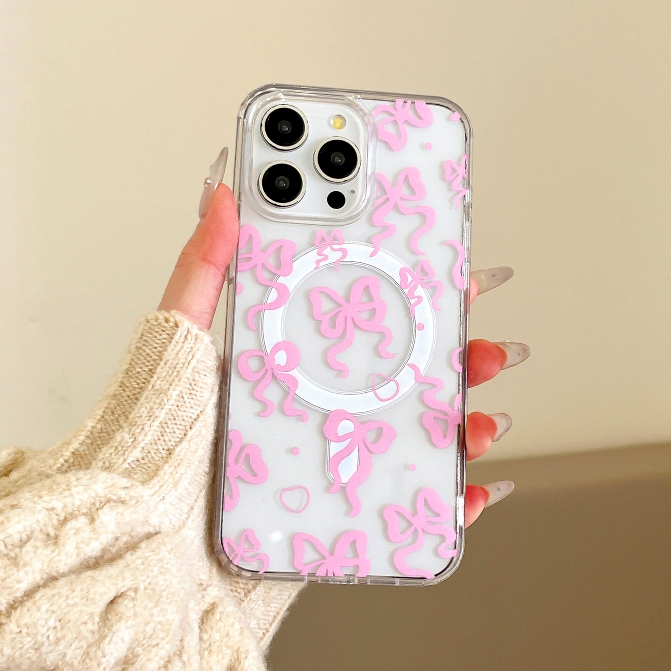 UEEBAI Magnetic for iPhone 15 Pro Max Case, Bow Case Compatible with MagSafe, Wireless Charge Cute Ribbon Phone Cover Anti-Yellowing Pretty Heart Clear Cover for Women Girl - Pink