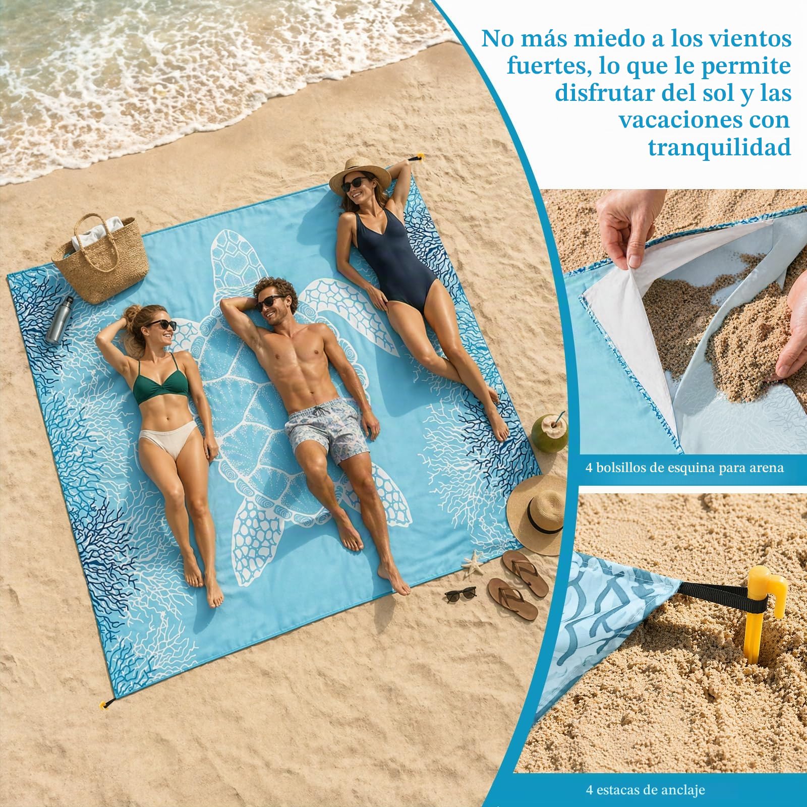 XXL Grande Manta de Playa Impermeable Alfombra de Playa Resistente a la Arena Esterilla de Playa 180x200cm Manta de Pícnic Camping y Playa 4 Estacas Gancho y Bolsa de Almacenamiento Portátil