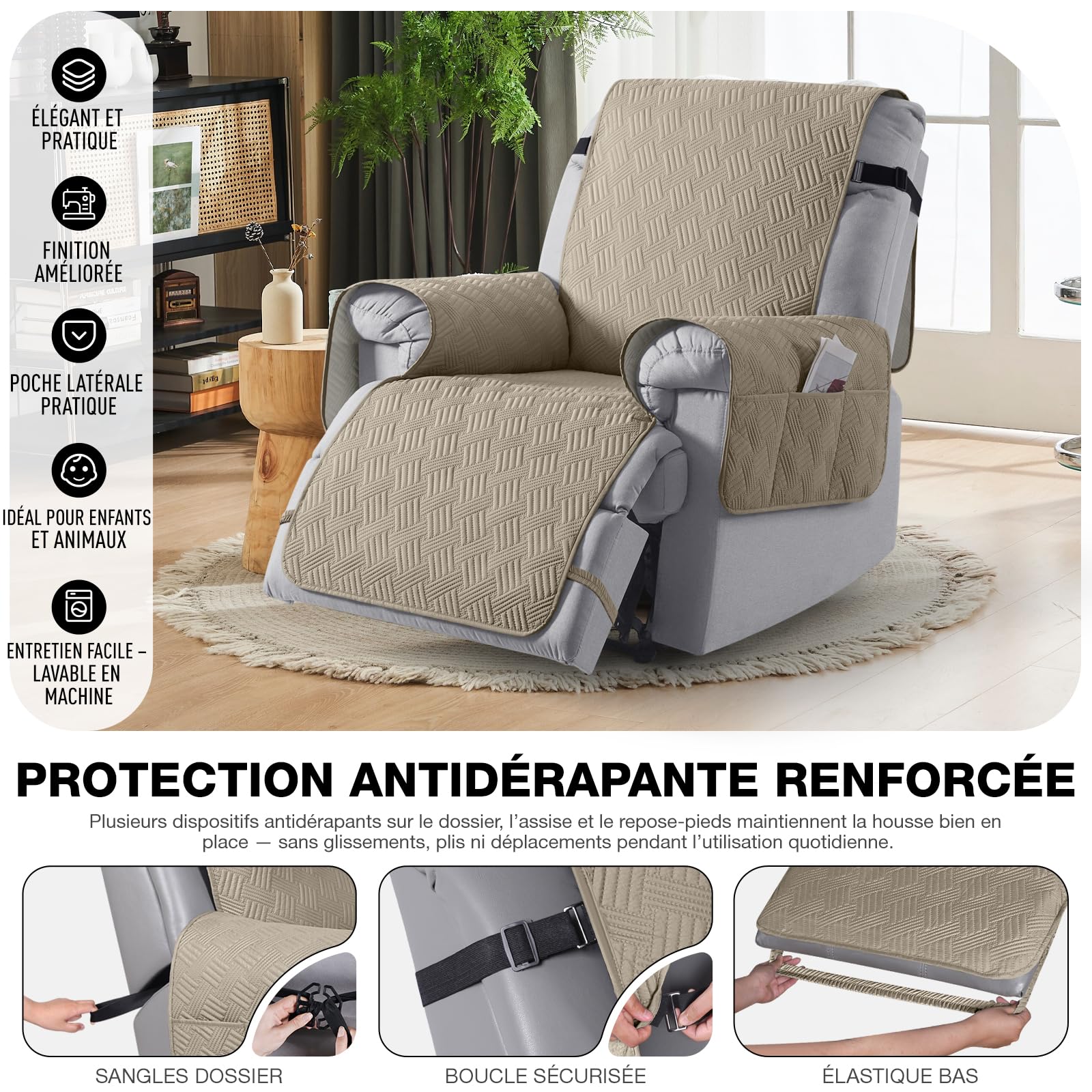 KinCam Housse de Fauteuil Relax étanche avec Poche et Sangles élastiques, Antidérapant Housse Fauteuil Relax pour Chiens et Chats, Douce et Lavable Housse canapé Relax 1 Place Taupe