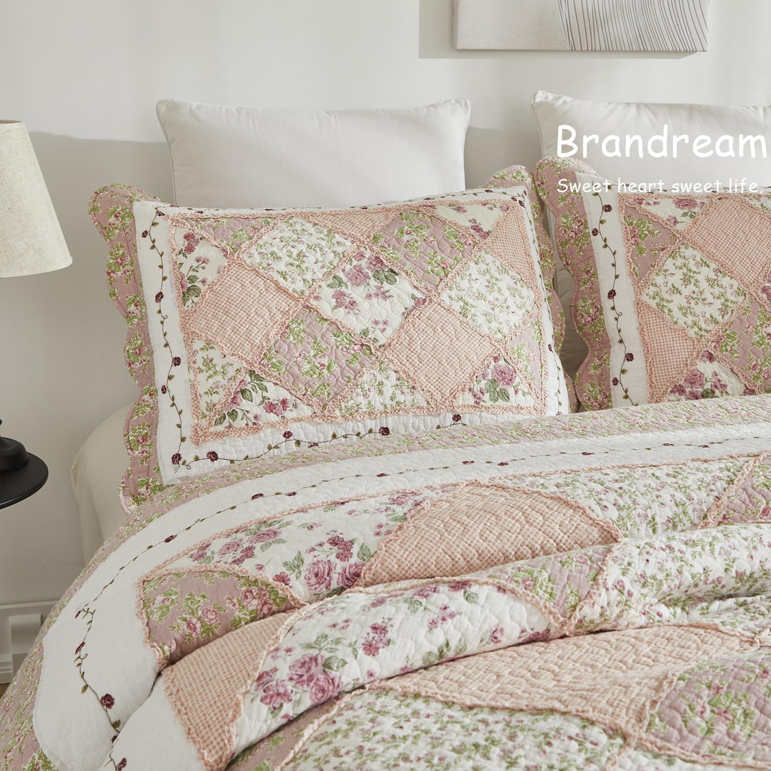 Brandream Queen Size Quilt Set Cotton Patchwork Quilts Blush Pink Country Floral Bedding Patchwork Quilted Comforter Set 3-Piece - Image 7