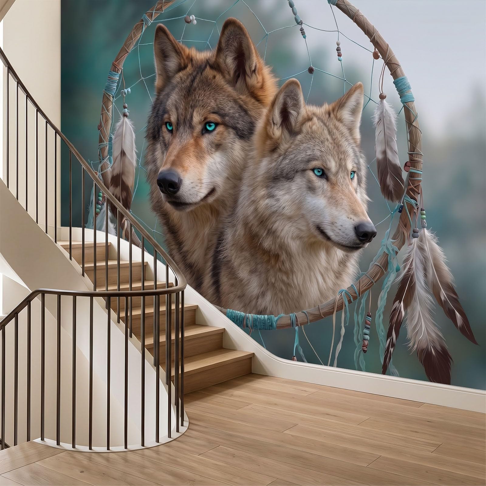 Fototapete Traumfänger Tiere Wolf 250 x 175 cm 3D-Effekt Vliestapete, Fantasy-Kunst Wandtapete Wanddekoration für Wohnzimmer, Küche, Schlafzimmer, TV Hintergrund & Kinderzimmer
