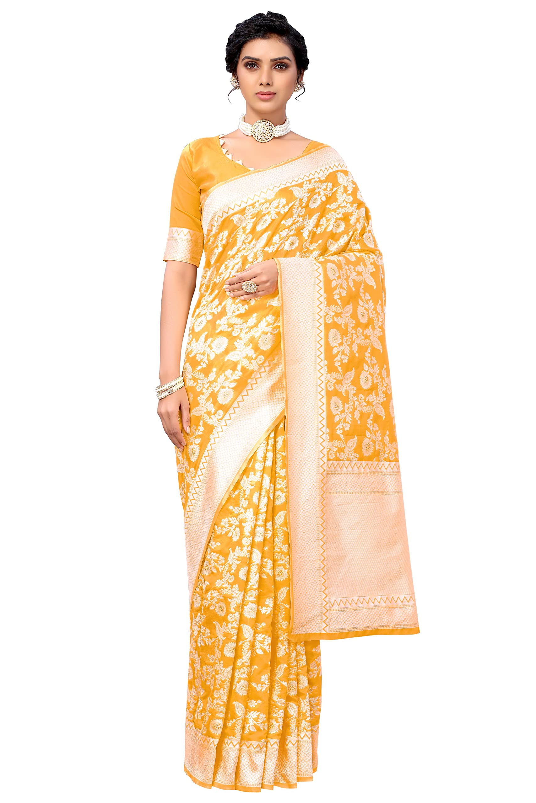 Glory Sarees Women's Banarasi Artificial Silk Saree With Blouse Piece (Kara124_Yellow) 1