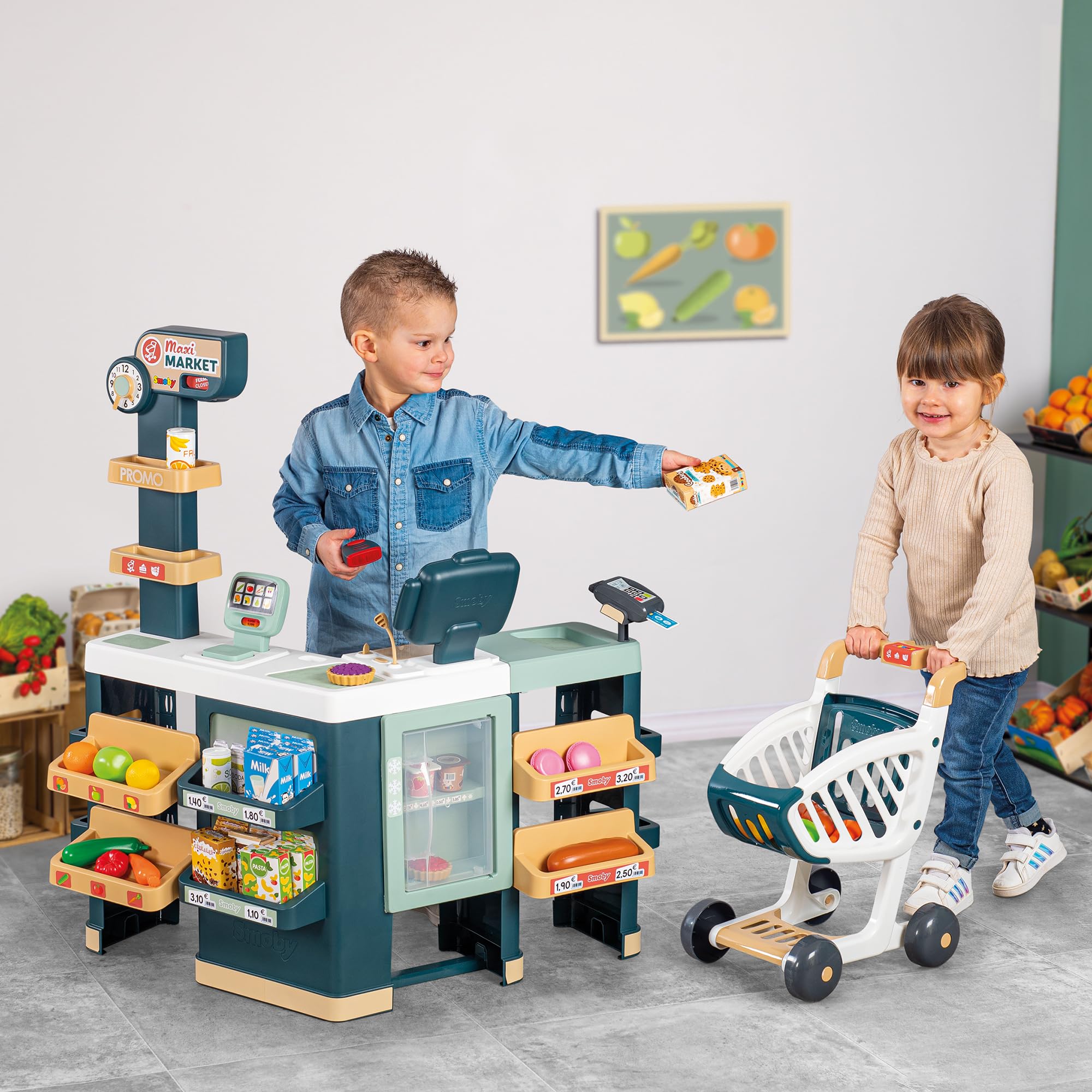 Smoby - Maxi Market - Supermarket dla dzieci - Wózek, półki, pudełka, warzywa, owoce - Strefa chłodnicza - Liczne akcesoria - Od 3 lat - Wyprodukowano we Francji